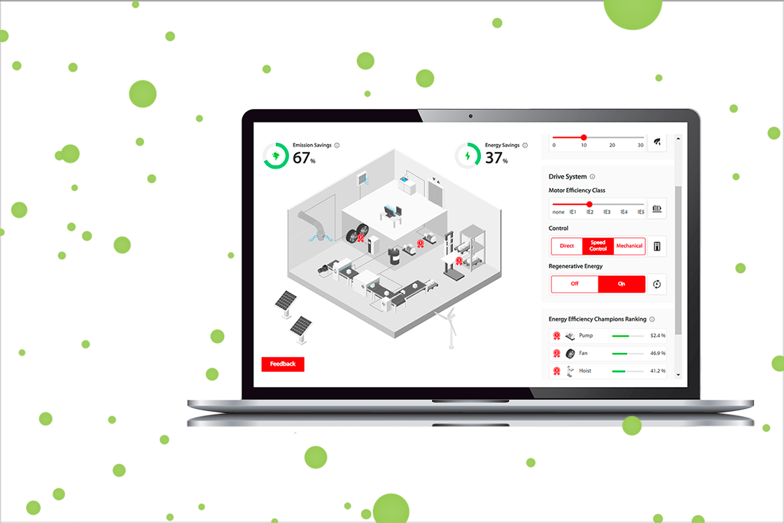Een spaarvarken en elektriciteitssymbool boven een stad, symbool voor energiebesparing in gebouwen | Danfoss Drives | Gamification | Online Tool