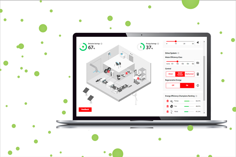 Een spaarvarken en elektriciteitssymbool boven een stad, symbool voor energiebesparing in gebouwen | Danfoss Drives | Gamification | Online Tool