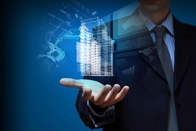 Centrum projektanta, nowoczesna wizualizacja budynku w ręce