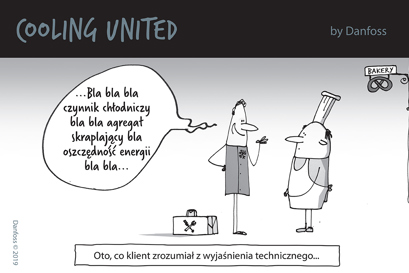 grafika żartu o języku technicznym, dwie postaci dymek rozmowy