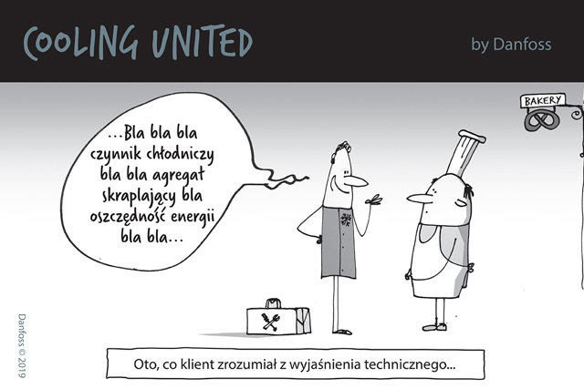 grafika żartu o języku technicznym, dwie postaci dymek rozmowy