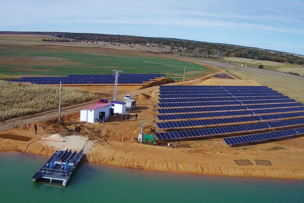 Solar-powered drives optimizing farm irrigation.