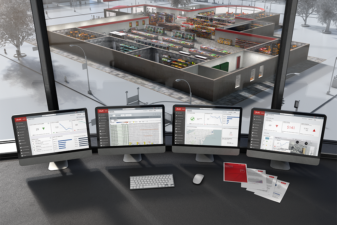 Danfoss Enterprise Services - an animation image from a control room over look a supermarket