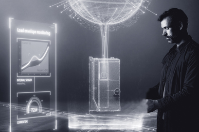 Grau-weißes Bild eines Mannes, der auf eine Zeichnung eines Antriebs schaut