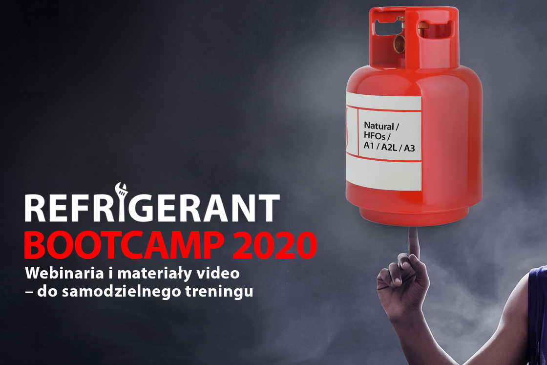 Refrigerant Bootcamp 2020 grafika szare tło i spotowiec trzymający czynnik chłodniczy jak piłkę 