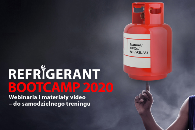 Refrigerant Bootcamp 2020 grafika szare tło i spotowiec trzymający czynnik chłodniczy jak piłkę