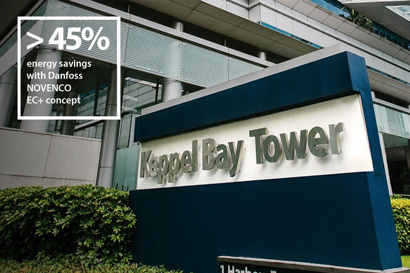 Keppel Bay Tower sign with the text "More than 45% energy savings with Danfoss-NOVENCO EC+ concept"