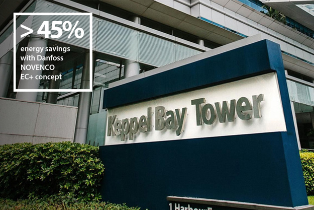 Keppel Bay Tower sign with the text "More than 45% energy savings with Danfoss-NOVENCO EC+ concept"