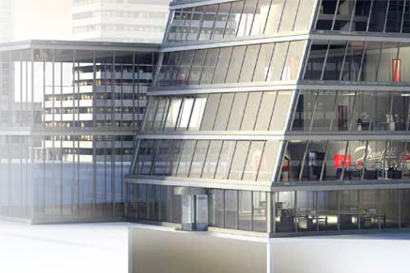 Chiller brochure cover featuring all glass office buildings