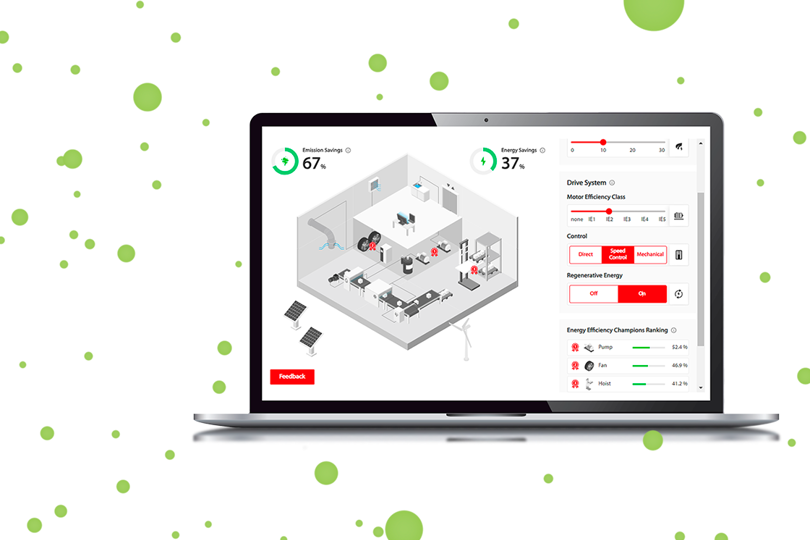 A piggy bank and electricity symbol over a city, symbolizing energy savings in buildings