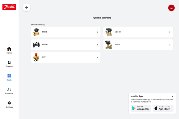 Hydronic balancing tool for static balancing valves Software tools