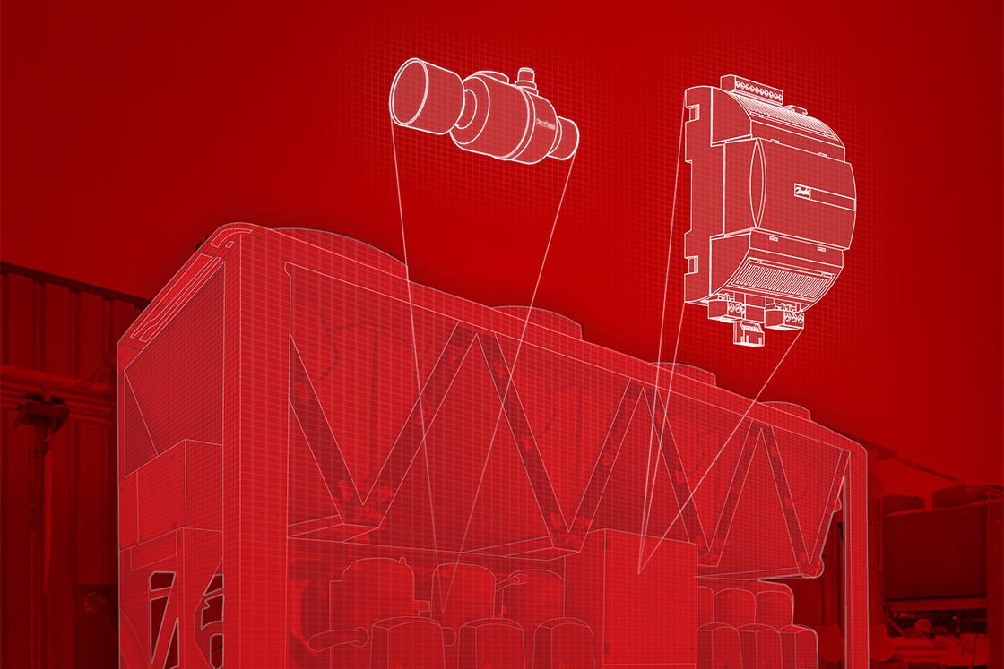 Danfoss superheat controller collection brochure cover of a red rooftop unit with Danfoss products popping in white