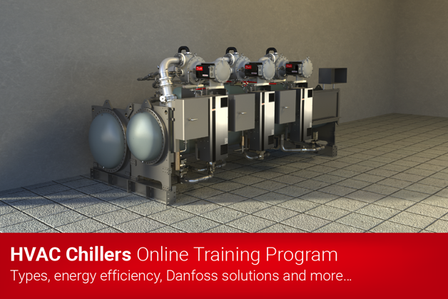 An animated chiller in an empty room with text promoting "HVAC Chillers Online Training Program: types, energy efficiency, Danfoss solutions and more..."