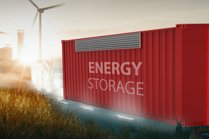 Energy storage container and windmills in the background