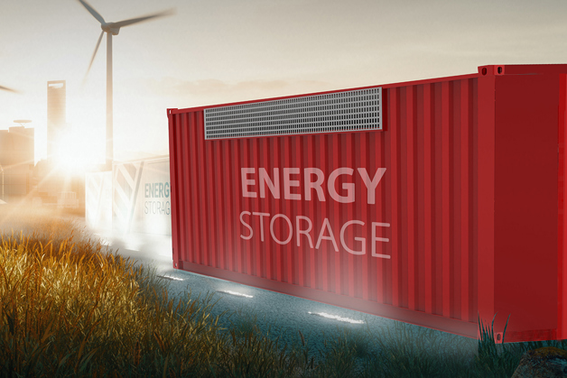 Energy storage container and windmills in the background