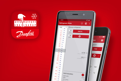 dwa telefony z aplikacja Ref Tools Danfoss i logo z miarką