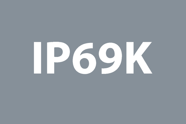 A grey box with white letters that say "IP69K"