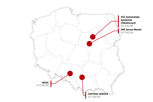 Mapa partnerów serwisowych Danfoss Drives