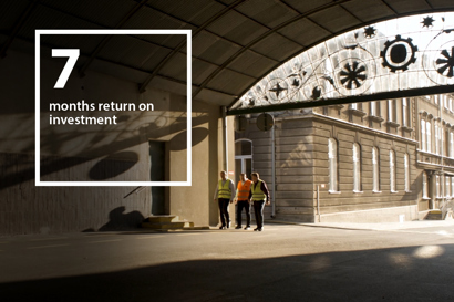 3 men walking at Carlsberg's Okocim Brewery, with text that says "7 months return on investment"