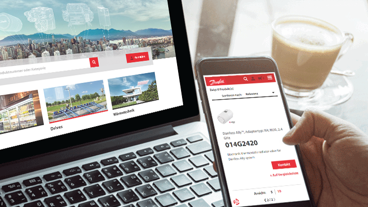 Homepage en productpagina van de Danfoss Product Store, weergegeven op een laptop en op een smartphone