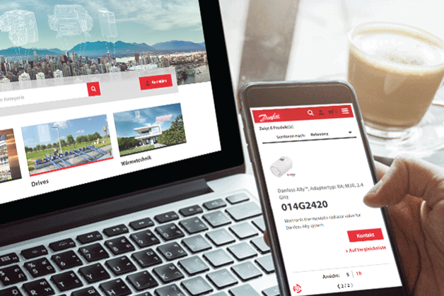 Homepage en productpagina van de Danfoss Product Store, weergegeven op een laptop en op een smartphone
