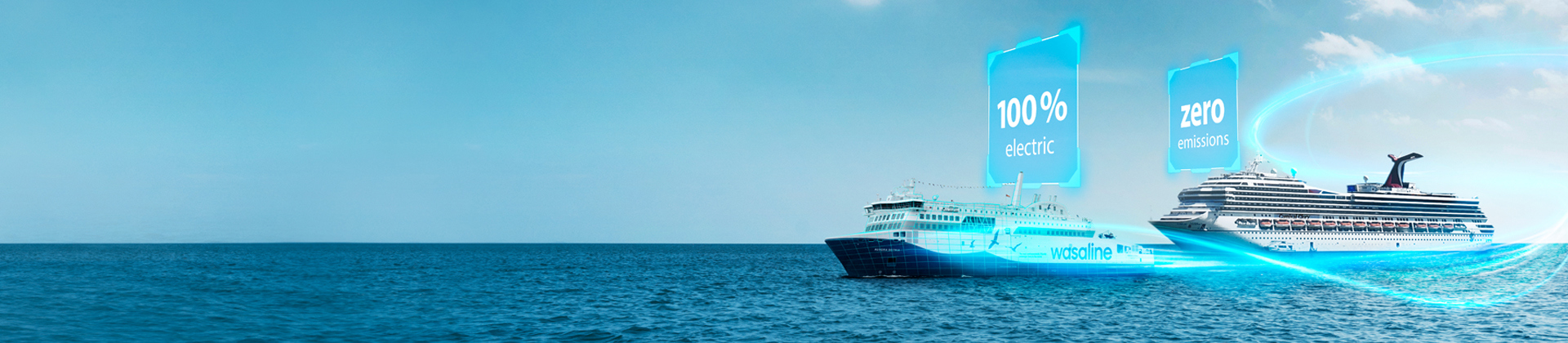 A ferry and cruise ship with "100% electric" and "zero emissions" written above them