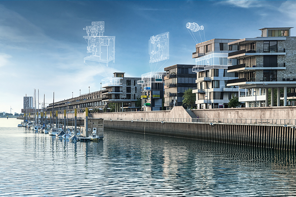 Buildings along a habour showing Danfoss products used inside the homes. 