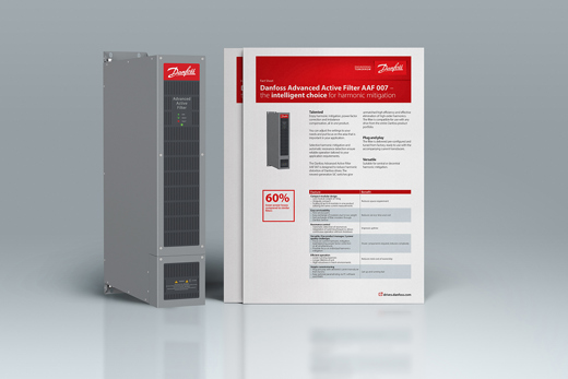 Danfoss Advanced Active Filter 007 next to its fact sheet