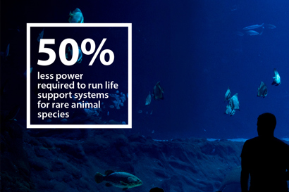 A large aquarium and the words "50% less power required to run life support systems for rare animal species"